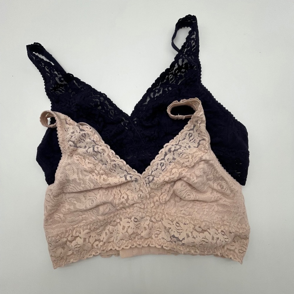 Felina 2 Pack Lace Bralettes Navy Blue Beige Floral Wire Free C7137 Mens Medium